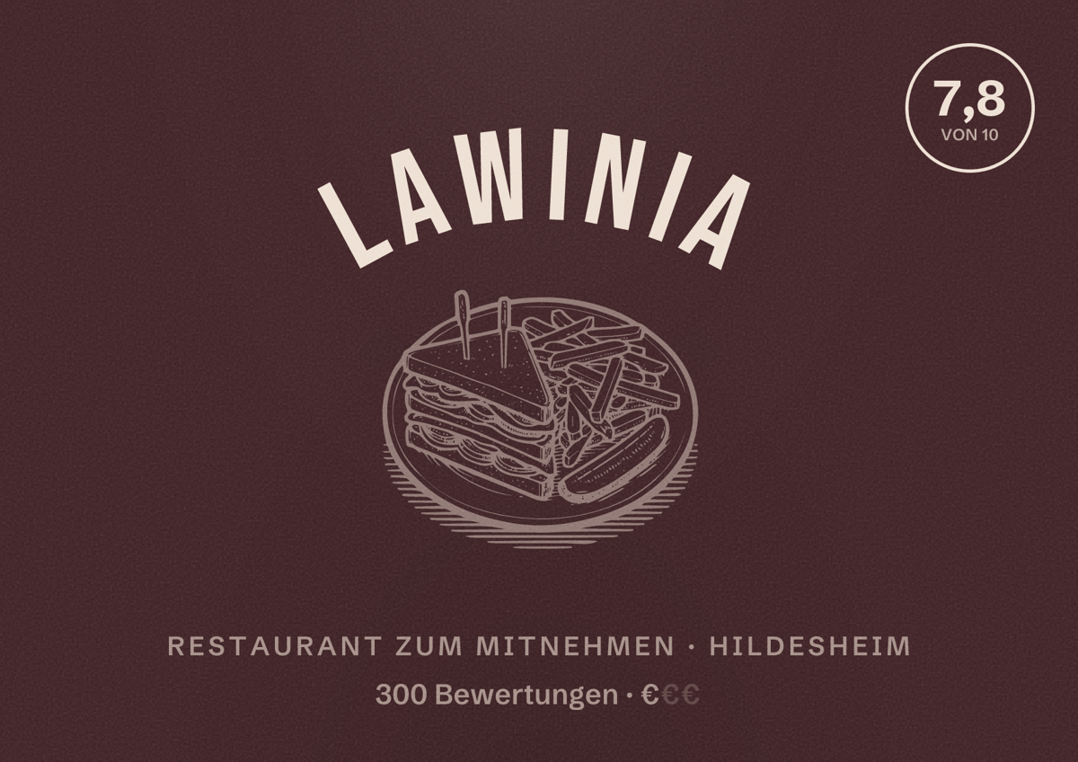 Illustriertes Poster von Lawinia, Restaurant zum Mitnehmen in Hildesheim: Bewertung 7,8 von 10 aus 300 Bewertungen, Preisniveau €