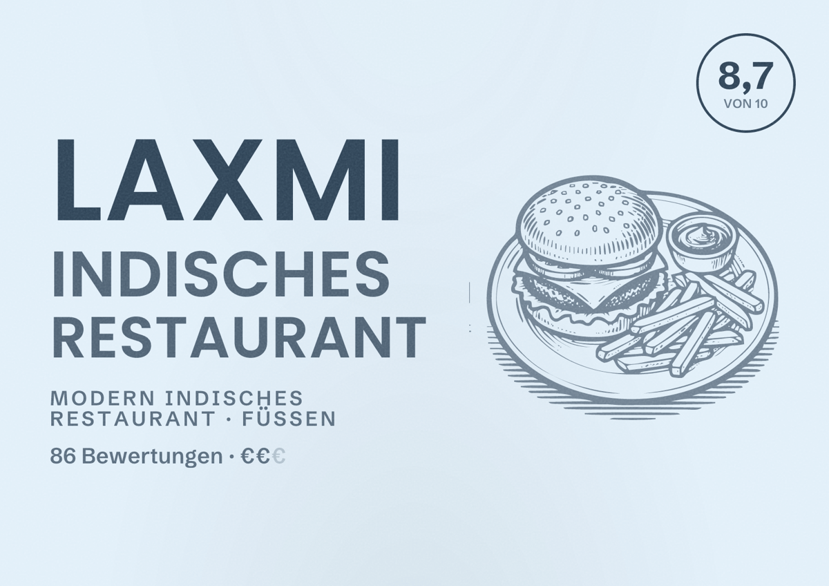 Illustriertes Poster von Laxmi Indisches Restaurant, Modern indisches Restaurant in Füssen: Bewertung 8,7 von 10 aus 86 Bewertungen, Preisniveau €€