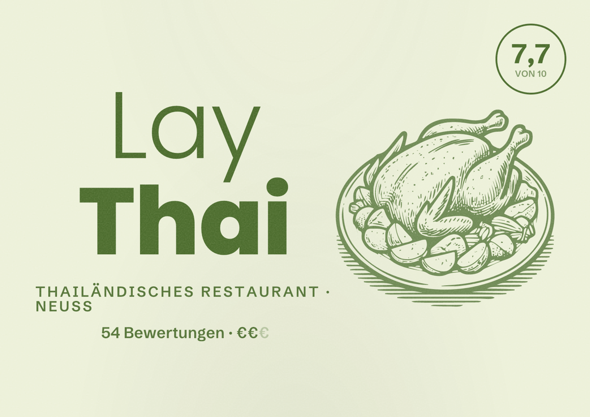 Illustriertes Poster von Lay Thai, Thailändisches Restaurant in Neuss: Bewertung 7,7 von 10 aus 54 Bewertungen, Preisniveau €€