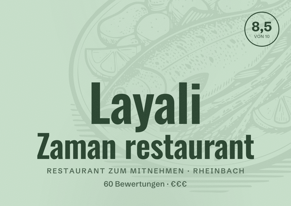 Illustriertes Poster von Layali Zaman restaurant, Restaurant zum Mitnehmen in Rheinbach: Bewertung 8,5 von 10 aus 60 Bewertungen, Preisniveau €€€