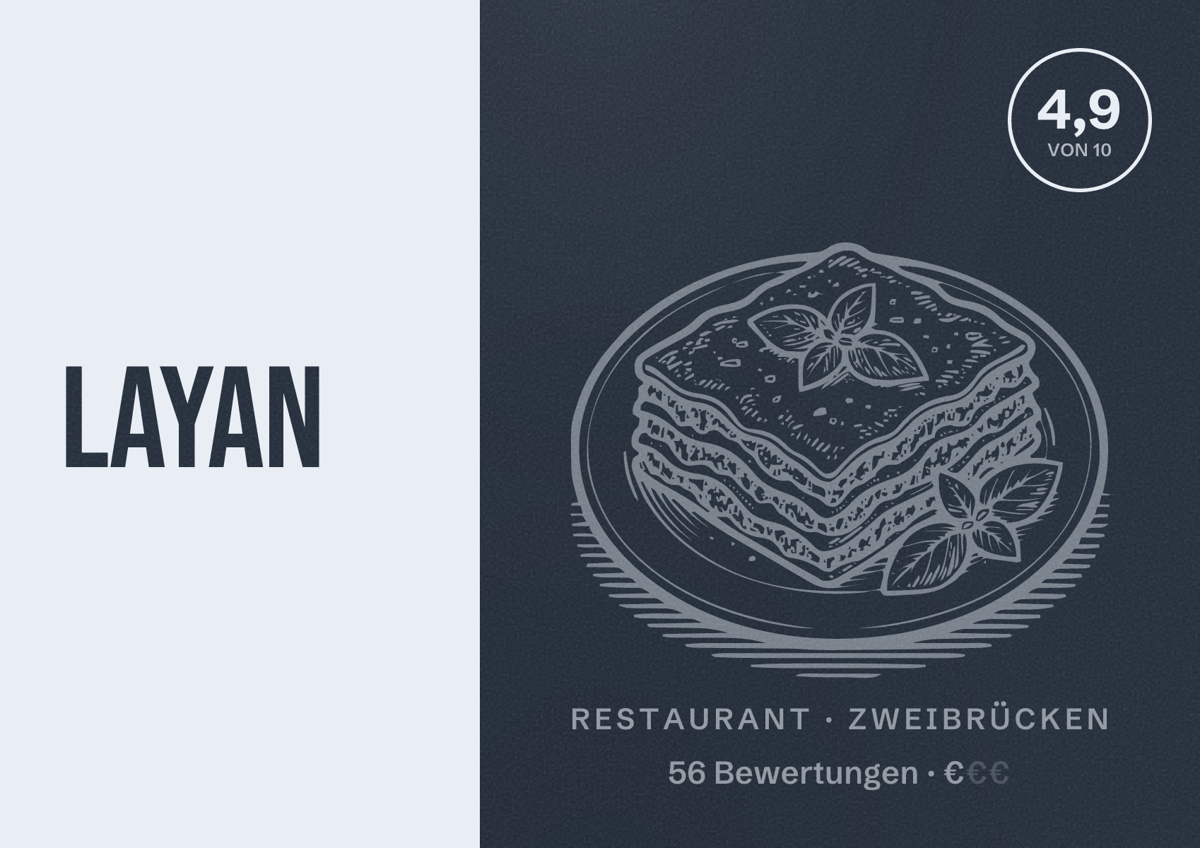 Illustriertes Poster von Layan, Restaurant in Zweibrücken: Bewertung 4,9 von 10 aus 56 Bewertungen, Preisniveau €
