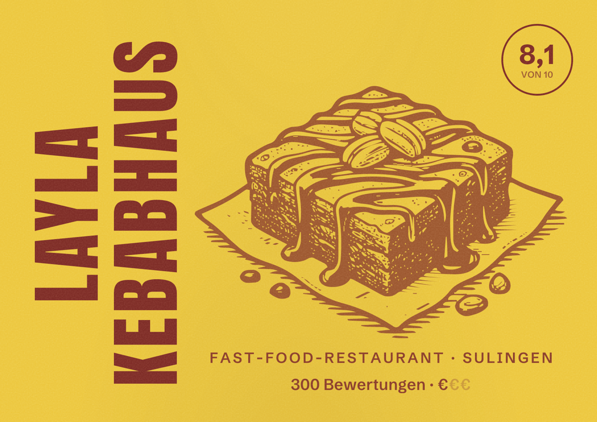 Illustriertes Poster von Layla Kebabhaus, Fast-Food-Restaurant in Sulingen: Bewertung 8,1 von 10 aus 300 Bewertungen, Preisniveau €