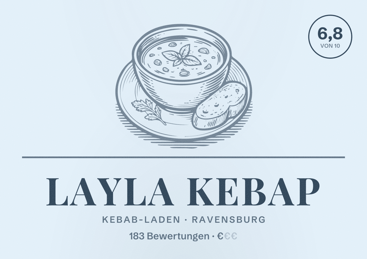 Illustriertes Poster von Layla Kebap, Kebab-Laden in Ravensburg: Bewertung 6,8 von 10 aus 183 Bewertungen, Preisniveau €