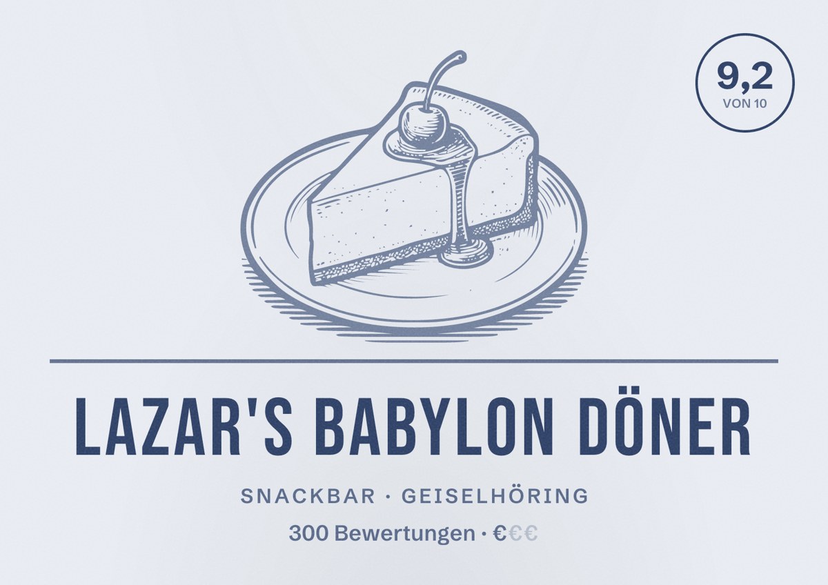 Illustriertes Poster von Lazar's Babylon Döner, Snackbar in Geiselhöring: Bewertung 9,2 von 10 aus 300 Bewertungen, Preisniveau €