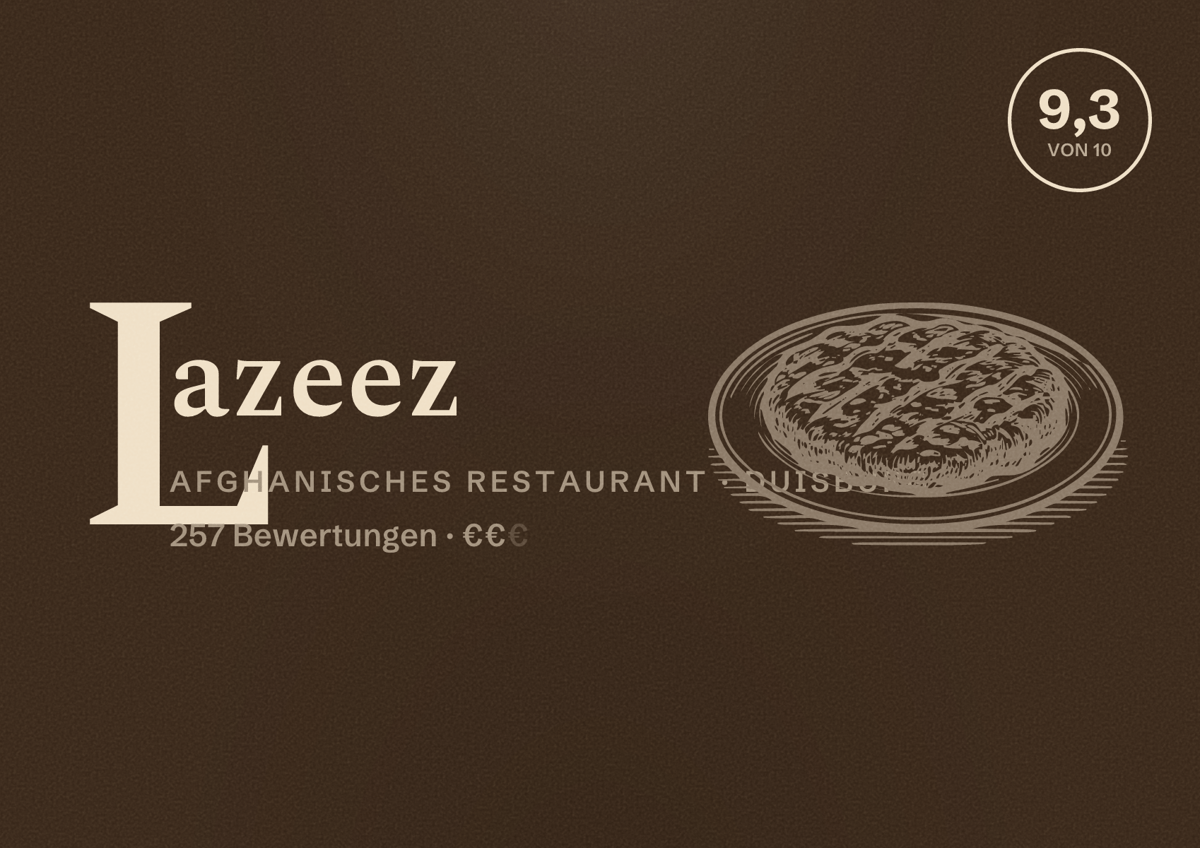 Illustriertes Poster von Lazeez, Afghanisches Restaurant in Duisburg: Bewertung 9,3 von 10 aus 257 Bewertungen, Preisniveau €€
