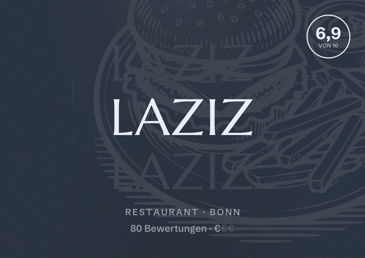 Illustriertes Poster von Laziz, Restaurant in Bonn: Bewertung 6,9 von 10 aus 80 Bewertungen, Preisniveau €