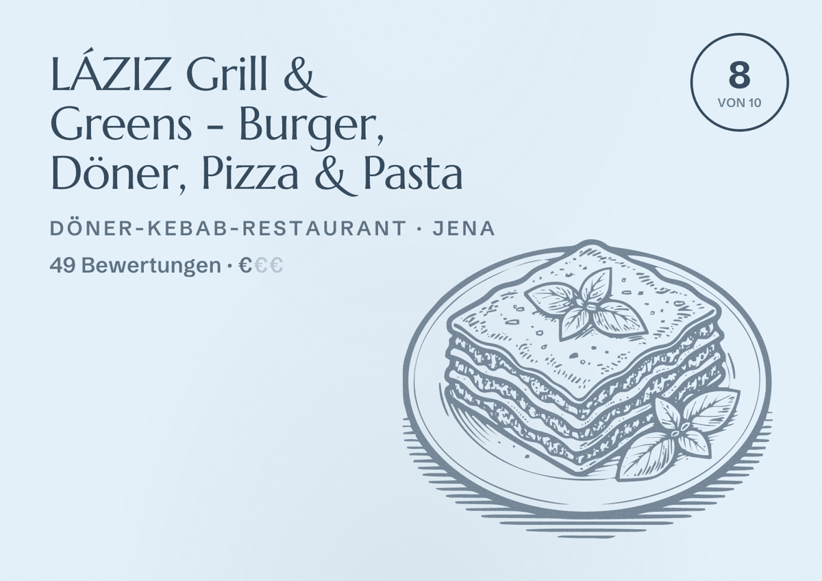 Illustriertes Poster von LÁZIZ Grill & Greens - Burger, Döner, Pizza & Pasta, Döner-Kebab-Restaurant in Jena: Bewertung 8 von 10 aus 49 Bewertungen, Preisniveau €