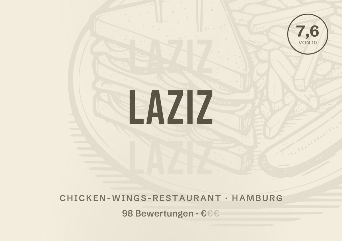 Illustriertes Poster von Laziz, Chicken-Wings-Restaurant in Hamburg: Bewertung 7,6 von 10 aus 98 Bewertungen, Preisniveau €