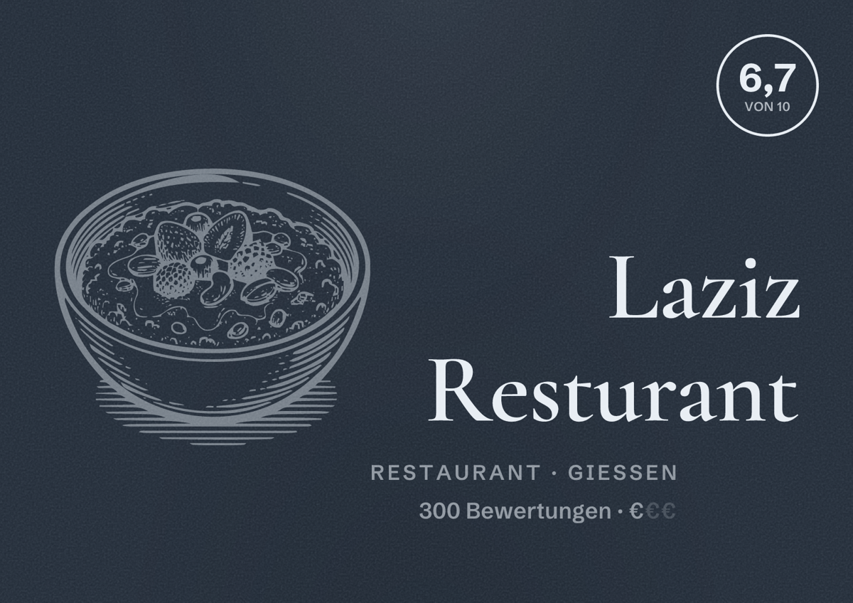 Illustriertes Poster von Laziz Resturant, Restaurant in Gießen: Bewertung 6,7 von 10 aus 300 Bewertungen, Preisniveau €
