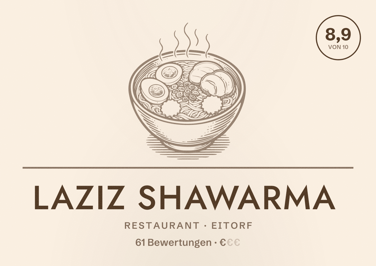 Illustriertes Poster von LAZIZ SHAWARMA, Restaurant in Eitorf: Bewertung 8,9 von 10 aus 61 Bewertungen, Preisniveau €