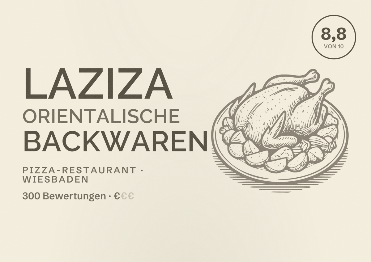 Illustriertes Poster von Laziza orientalische Backwaren, Pizza-Restaurant in Wiesbaden: Bewertung 8,8 von 10 aus 300 Bewertungen, Preisniveau €