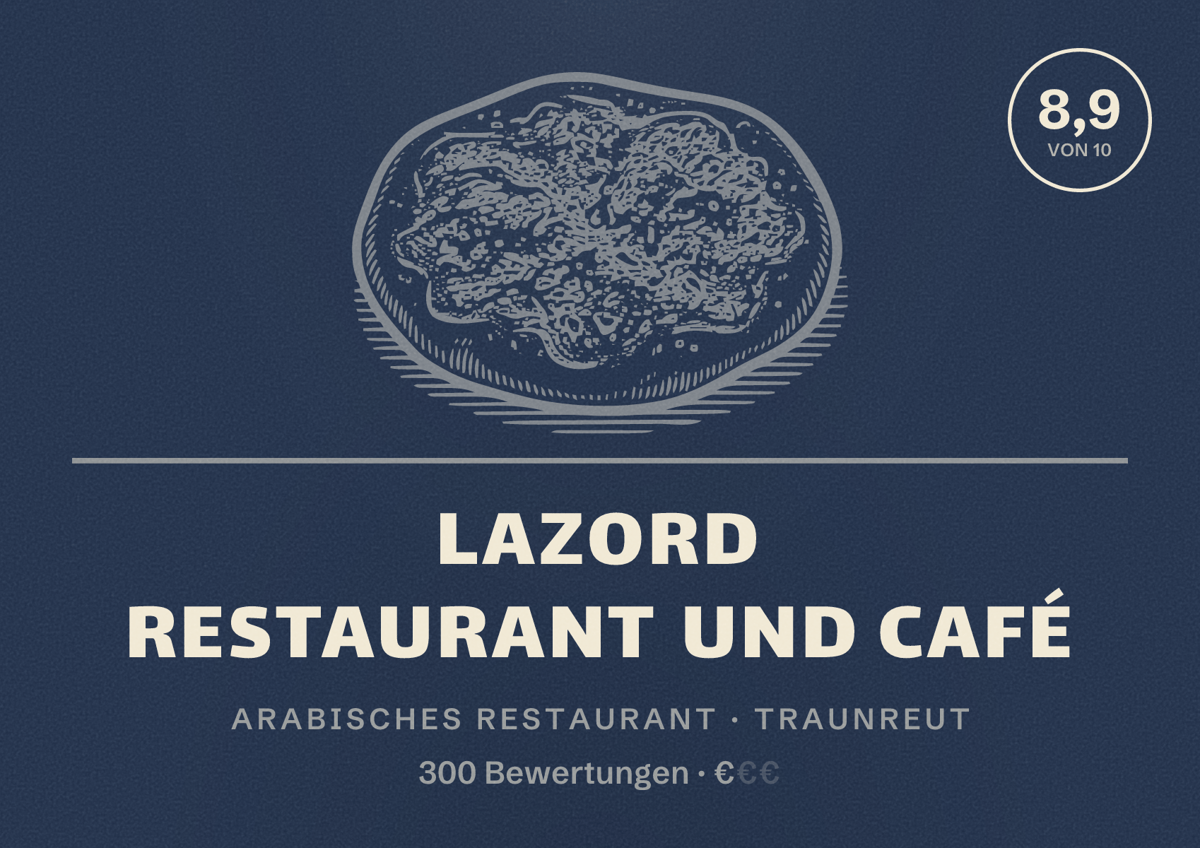 Illustriertes Poster von Lazord Restaurant und Café, Arabisches Restaurant in Traunreut: Bewertung 8,9 von 10 aus 300 Bewertungen, Preisniveau €