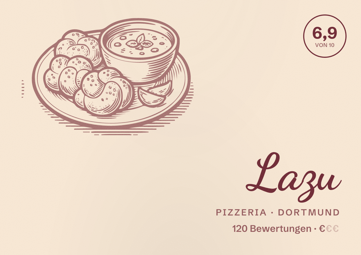 Illustriertes Poster von Lazu, Pizzeria in Dortmund: Bewertung 6,9 von 10 aus 120 Bewertungen, Preisniveau €