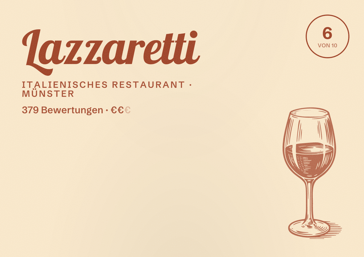 Illustriertes Poster von Lazzaretti, Italienisches Restaurant in Münster: Bewertung 6 von 10 aus 379 Bewertungen, Preisniveau €€