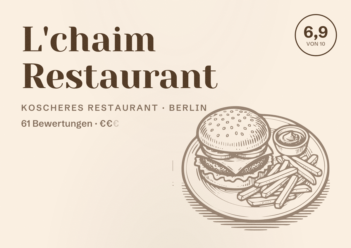 Illustriertes Poster von L'chaim Restaurant, Koscheres Restaurant in Berlin: Bewertung 6,9 von 10 aus 61 Bewertungen, Preisniveau €€