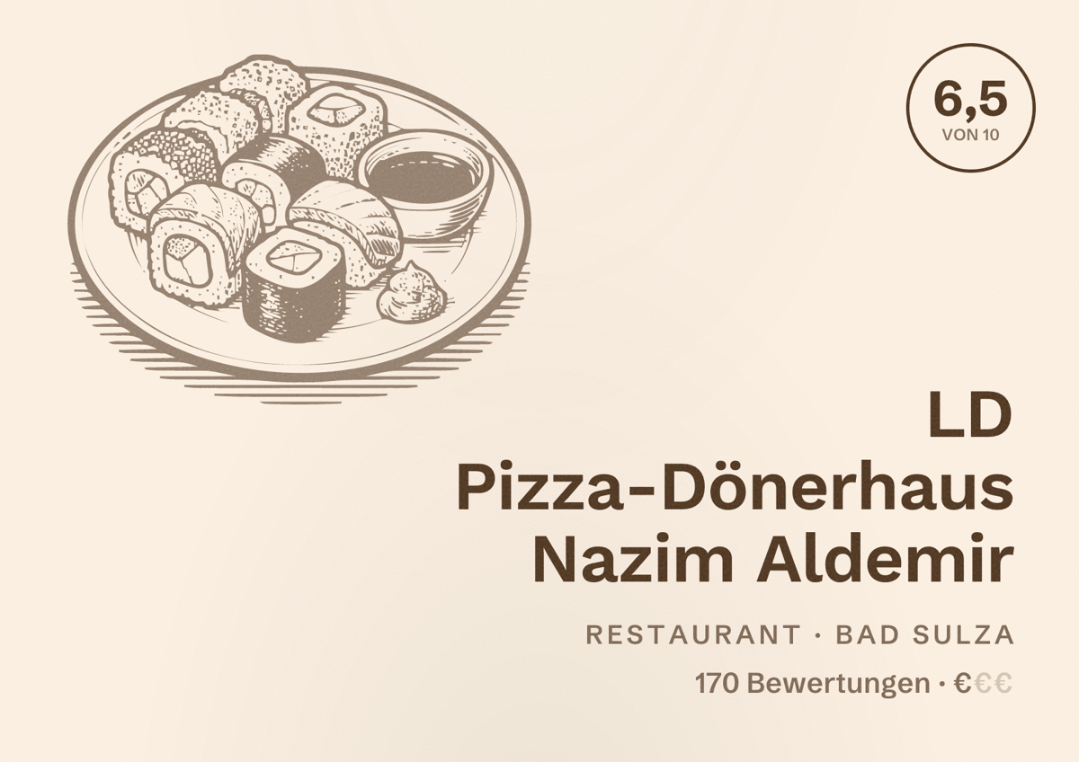 Illustriertes Poster von LD Pizza-Dönerhaus Nazim Aldemir, Restaurant in Bad Sulza: Bewertung 6,5 von 10 aus 170 Bewertungen, Preisniveau €