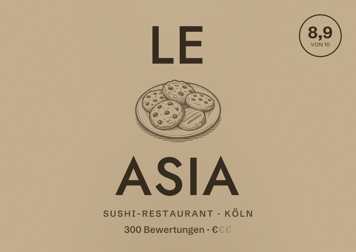 Illustriertes Poster von Le Asia, Sushi-Restaurant in Köln: Bewertung 8,9 von 10 aus 300 Bewertungen, Preisniveau €