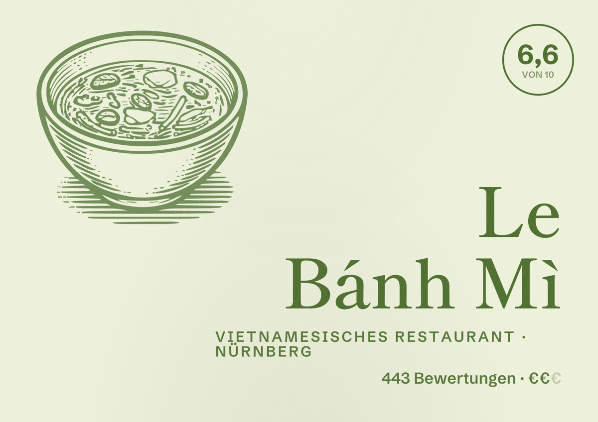 Illustriertes Poster von Le Bánh Mì, Vietnamesisches Restaurant in Nürnberg: Bewertung 6,6 von 10 aus 443 Bewertungen, Preisniveau €€