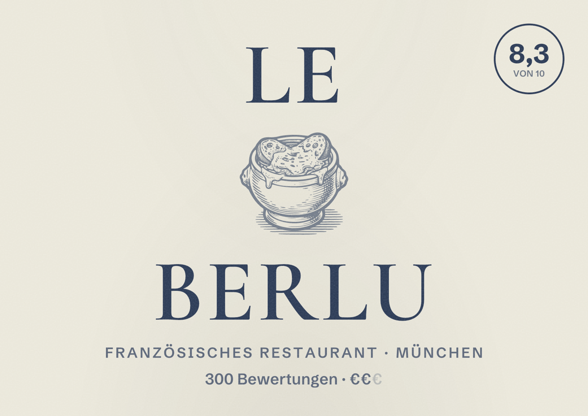 Illustriertes Poster von Le BerLu, Französisches Restaurant in München: Bewertung 8,3 von 10 aus 300 Bewertungen, Preisniveau €€