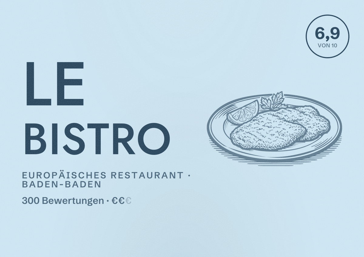 Illustriertes Poster von Le Bistro, Europäisches Restaurant in Baden-Baden: Bewertung 6,9 von 10 aus 300 Bewertungen, Preisniveau €€