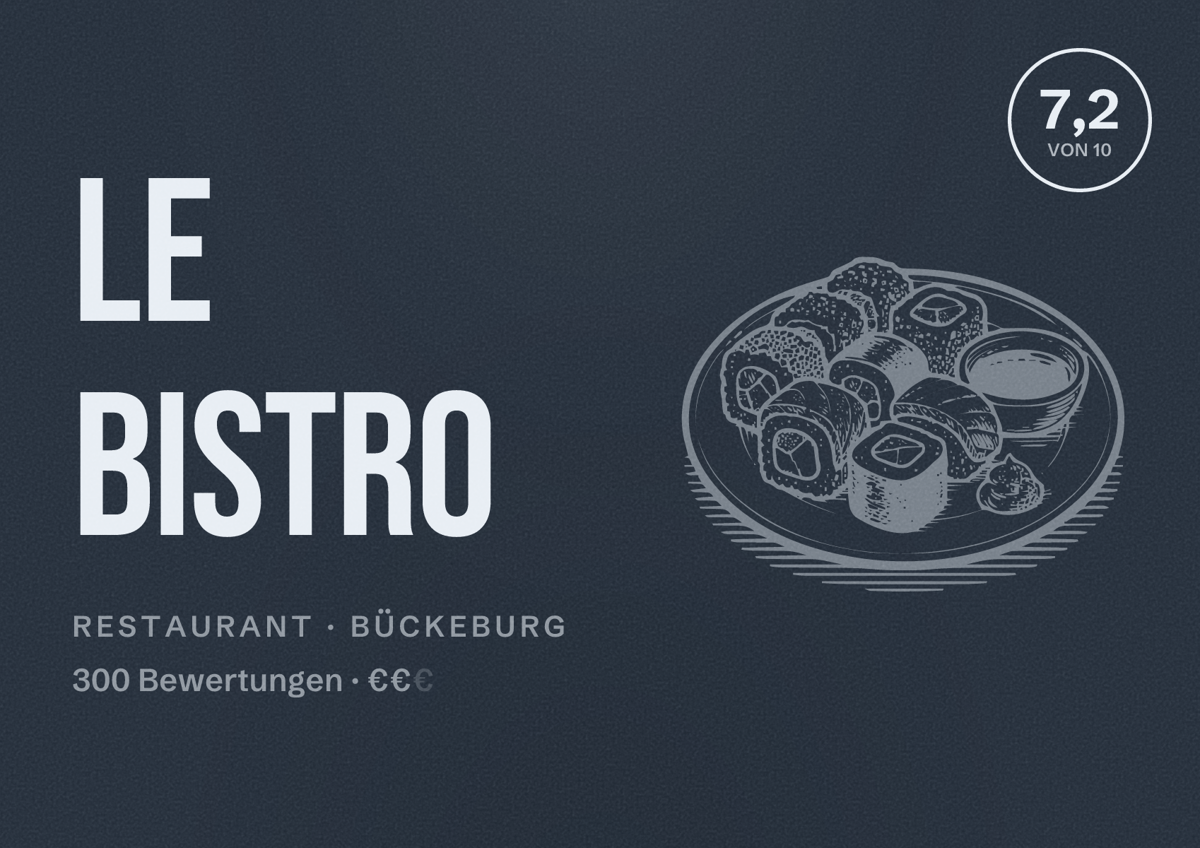 Illustriertes Poster von Le Bistro, Restaurant in Bückeburg: Bewertung 7,2 von 10 aus 300 Bewertungen, Preisniveau €€