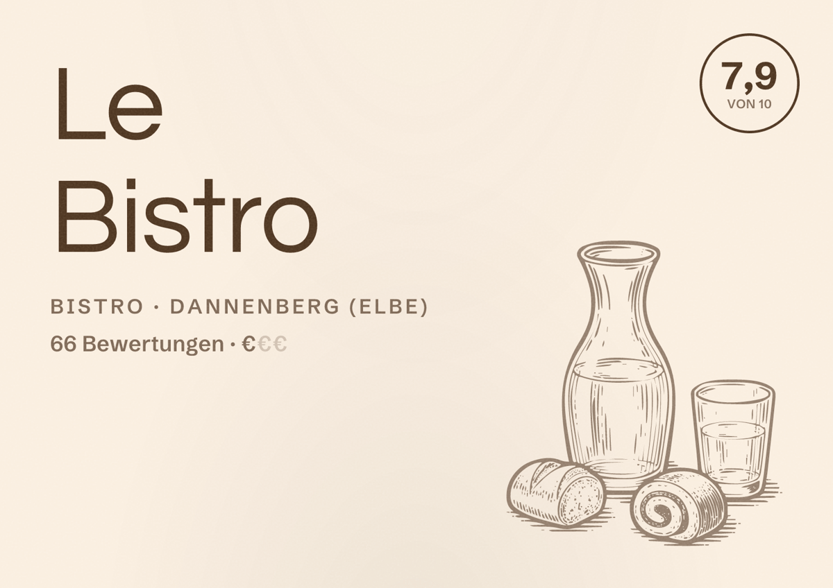 Illustriertes Poster von Le Bistro, Bistro in Dannenberg (Elbe): Bewertung 7,9 von 10 aus 66 Bewertungen, Preisniveau €