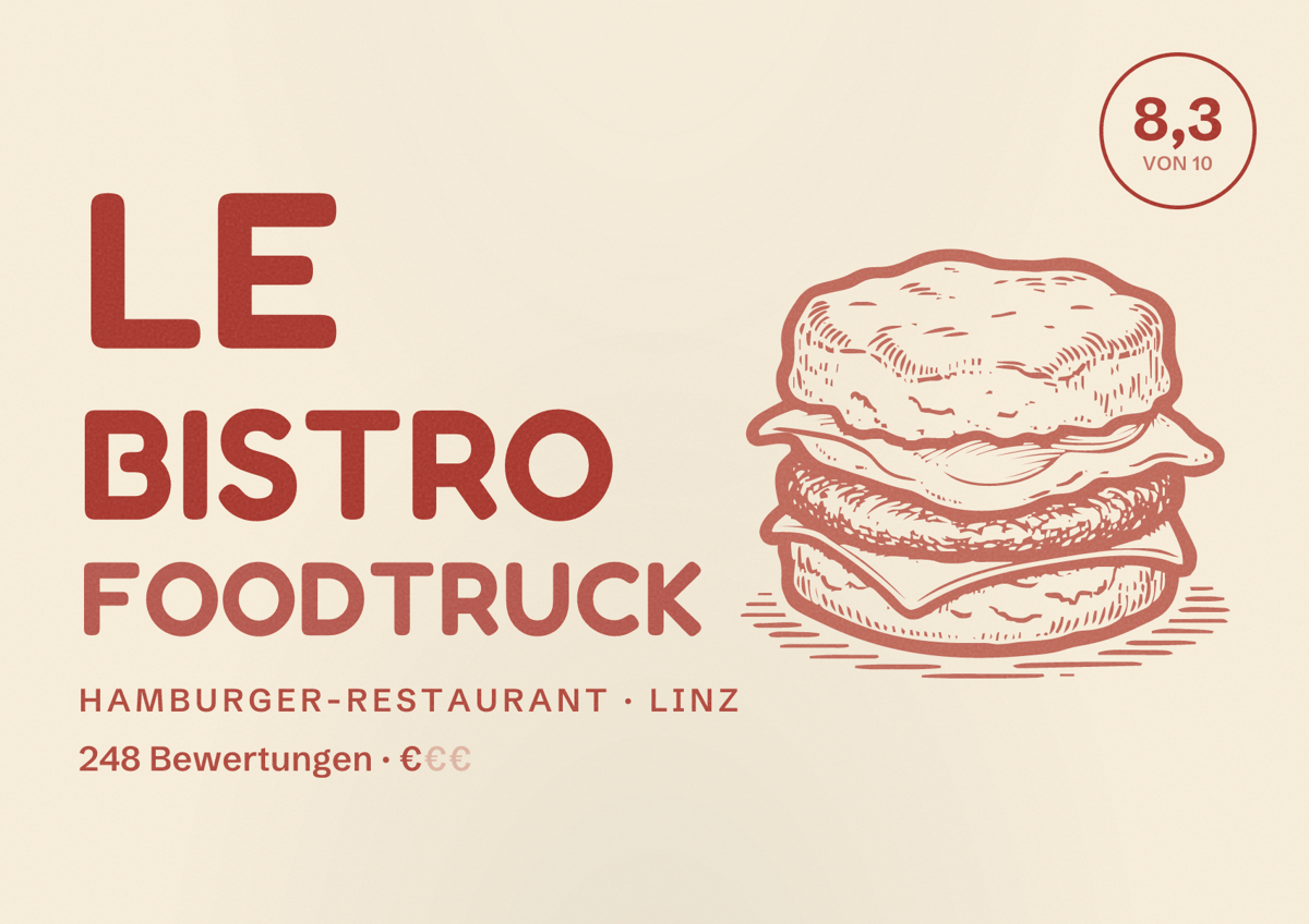 Illustriertes Poster von Le Bistro Foodtruck, Hamburger-Restaurant in Linz: Bewertung 8,3 von 10 aus 248 Bewertungen, Preisniveau €