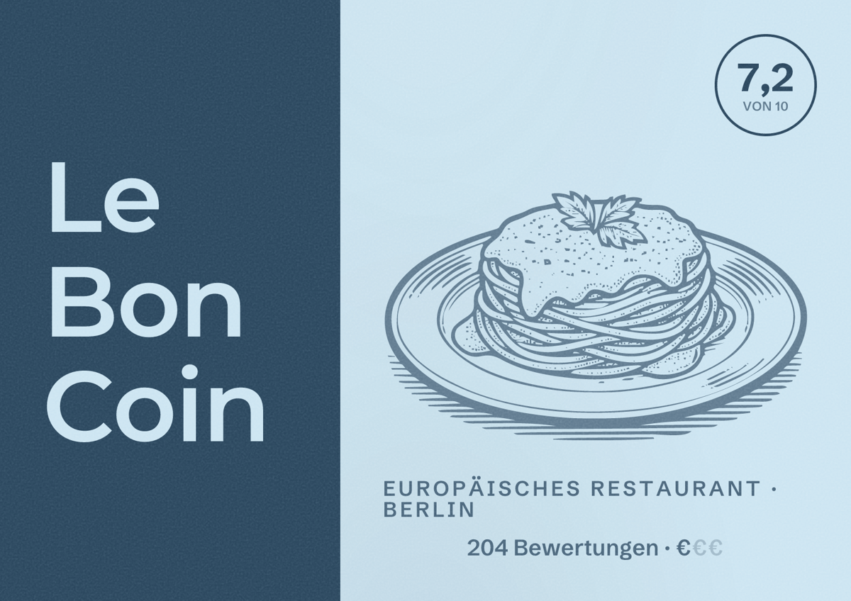 Illustriertes Poster von Le Bon Coin, Europäisches Restaurant in Berlin: Bewertung 7,2 von 10 aus 204 Bewertungen, Preisniveau €