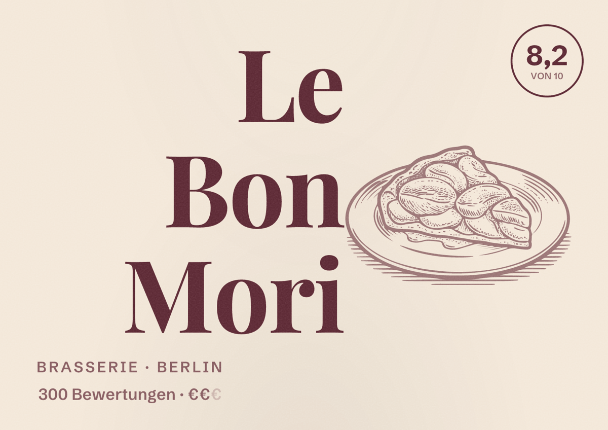 Illustriertes Poster von Le Bon Mori, Brasserie in Berlin: Bewertung 8,2 von 10 aus 300 Bewertungen, Preisniveau €€
