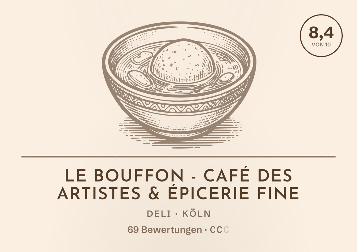 Illustriertes Poster von Le Bouffon - café des artistes & épicerie fine, Deli in Köln: Bewertung 8,4 von 10 aus 69 Bewertungen, Preisniveau €€