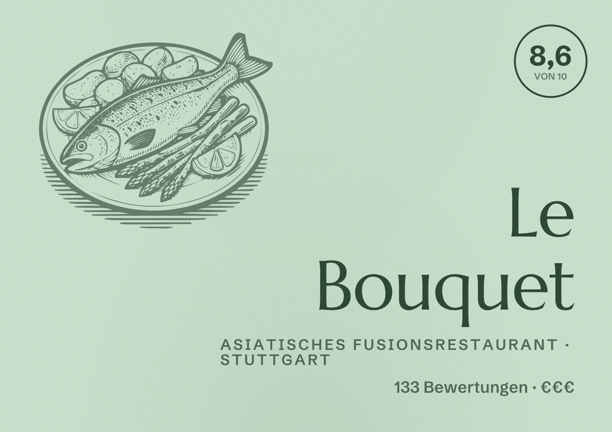 Illustriertes Poster von Le Bouquet, Asiatisches Fusionsrestaurant in Stuttgart: Bewertung 8,6 von 10 aus 133 Bewertungen, Preisniveau €€€