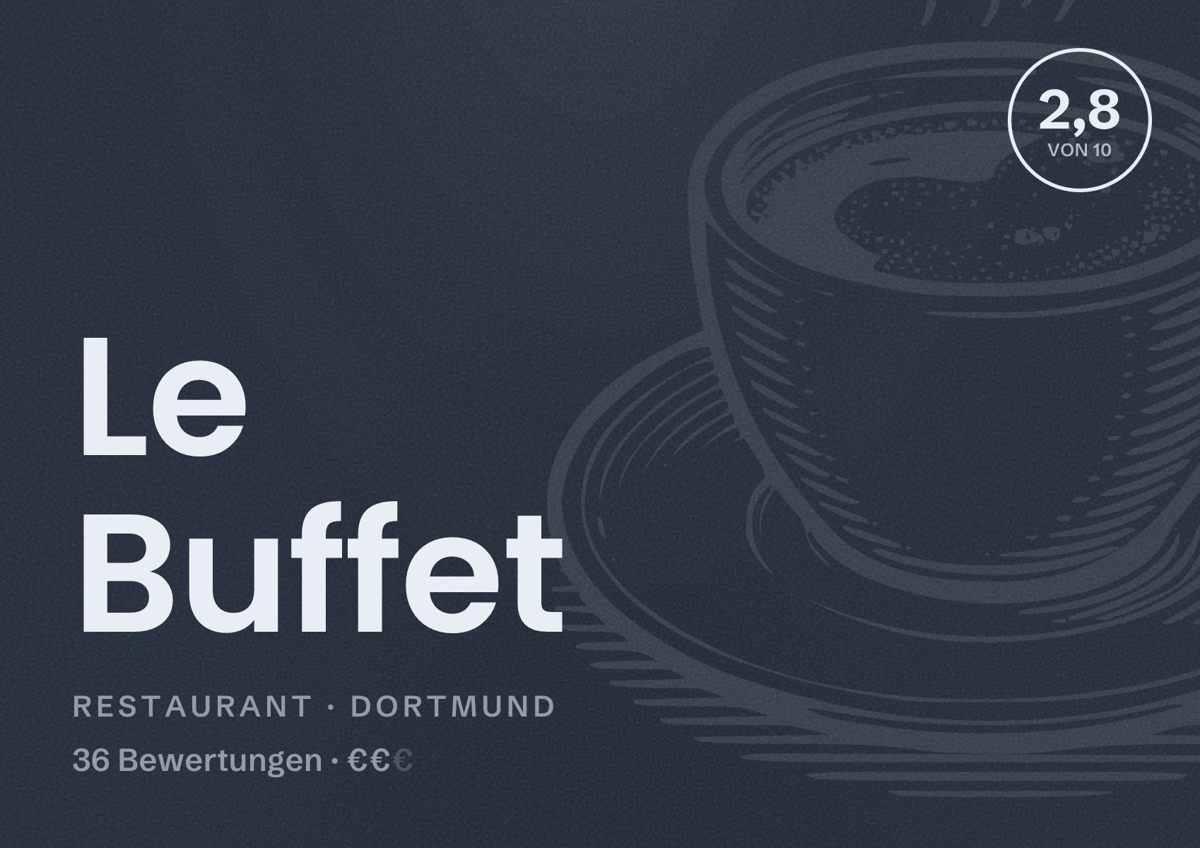 Illustriertes Poster von Le Buffet, Restaurant in Dortmund: Bewertung 2,8 von 10 aus 36 Bewertungen, Preisniveau €€