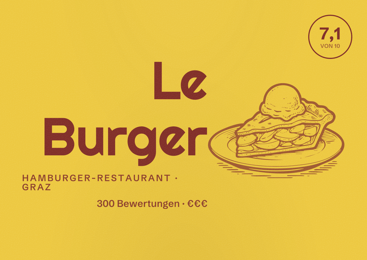 Illustriertes Poster von Le Burger, Hamburger-Restaurant in Graz: Bewertung 7,1 von 10 aus 300 Bewertungen, Preisniveau €€€