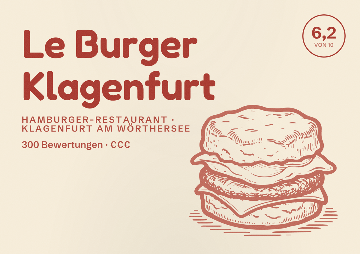 Illustriertes Poster von Le Burger Klagenfurt, Hamburger-Restaurant in Klagenfurt am Wörthersee: Bewertung 6,2 von 10 aus 300 Bewertungen, Preisniveau €€€