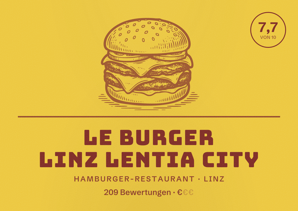 Illustriertes Poster von Le Burger Linz Lentia City, Hamburger-Restaurant in Linz: Bewertung 7,7 von 10 aus 209 Bewertungen, Preisniveau €