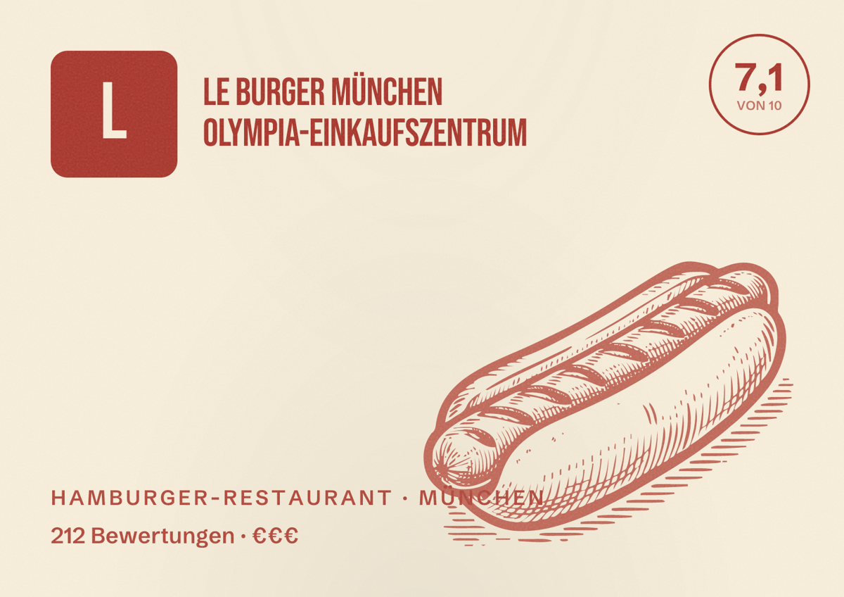Illustriertes Poster von Le Burger München Olympia-Einkaufszentrum, Hamburger-Restaurant in München: Bewertung 7,1 von 10 aus 212 Bewertungen, Preisniveau €€€