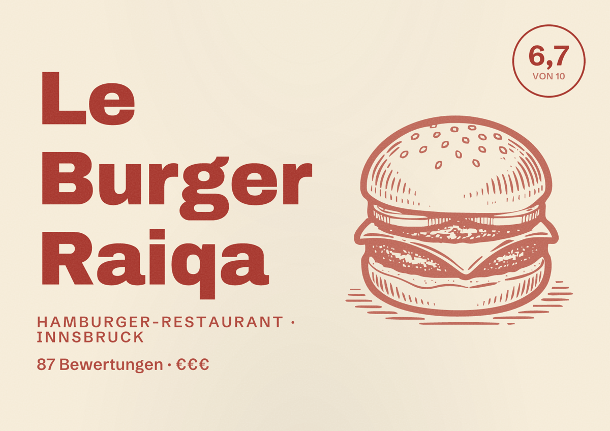 Illustriertes Poster von Le Burger Raiqa, Hamburger-Restaurant in Innsbruck: Bewertung 6,7 von 10 aus 87 Bewertungen, Preisniveau €€€