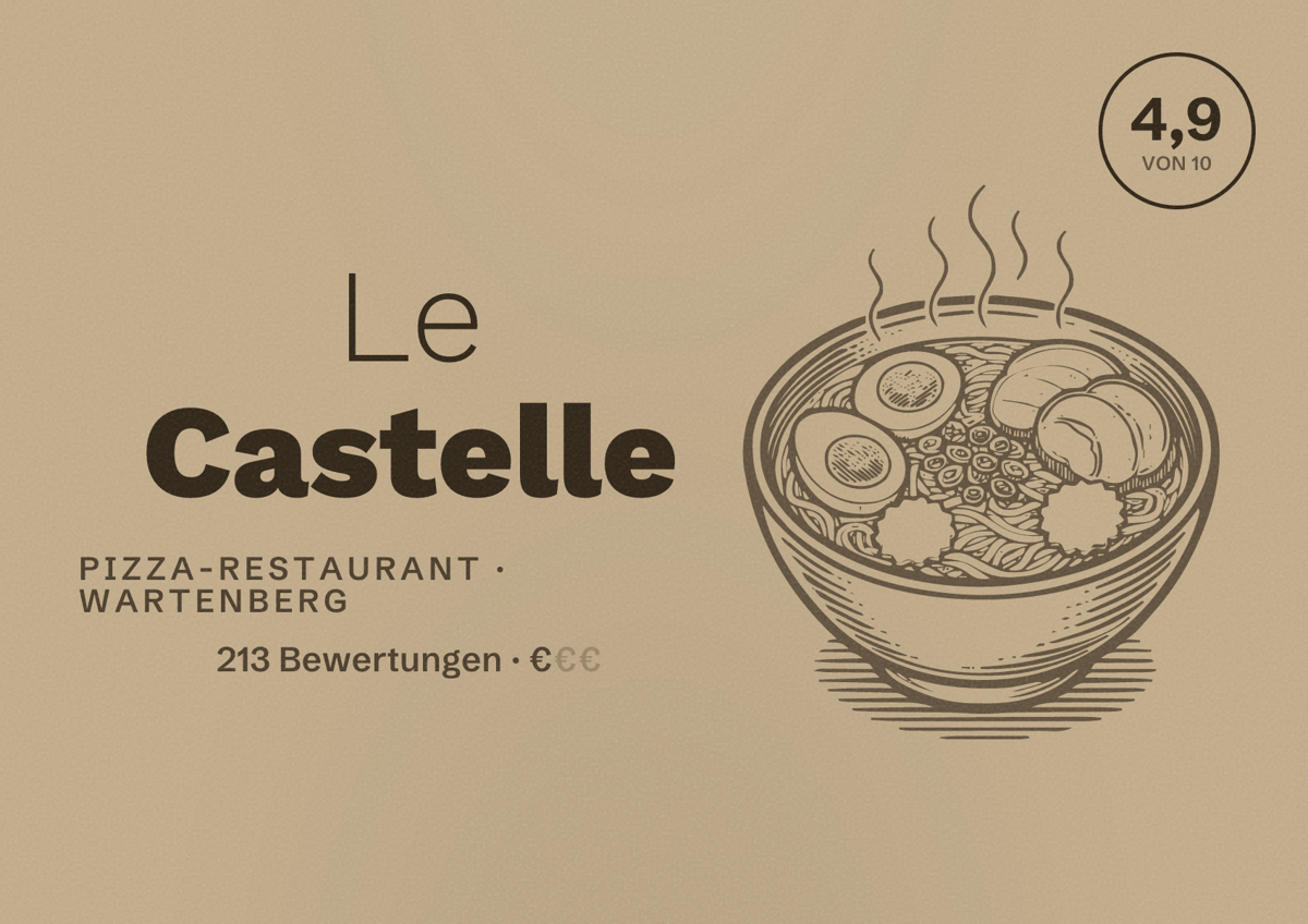Illustriertes Poster von Le Castelle, Pizza-Restaurant in Wartenberg: Bewertung 4,9 von 10 aus 213 Bewertungen, Preisniveau €