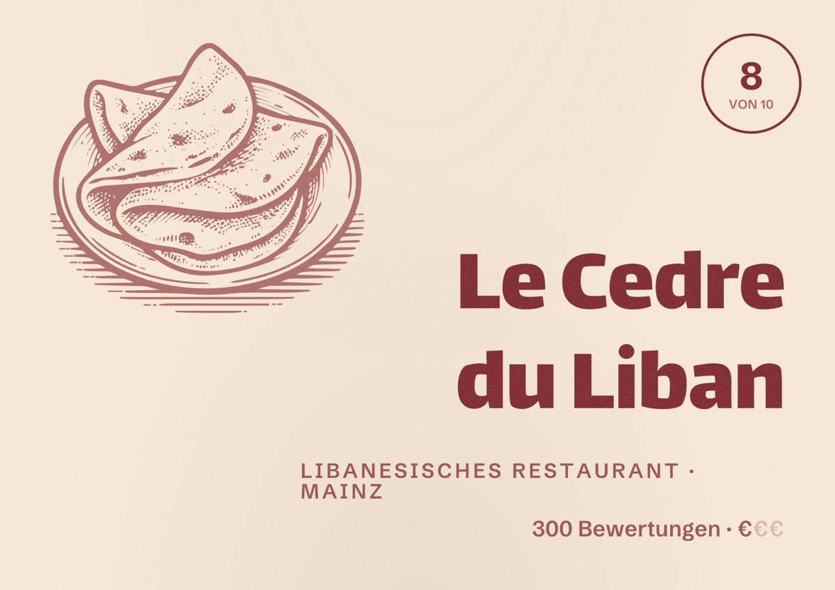 Illustriertes Poster von Le Cedre du Liban, Libanesisches Restaurant in Mainz: Bewertung 8 von 10 aus 300 Bewertungen, Preisniveau €
