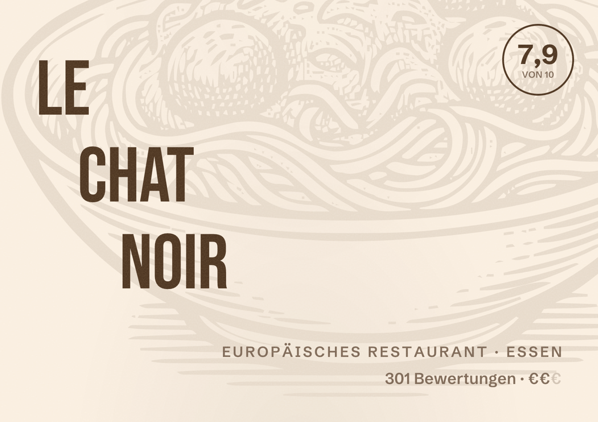 Illustriertes Poster von Le chat noir, Europäisches Restaurant in Essen: Bewertung 7,9 von 10 aus 301 Bewertungen, Preisniveau €€