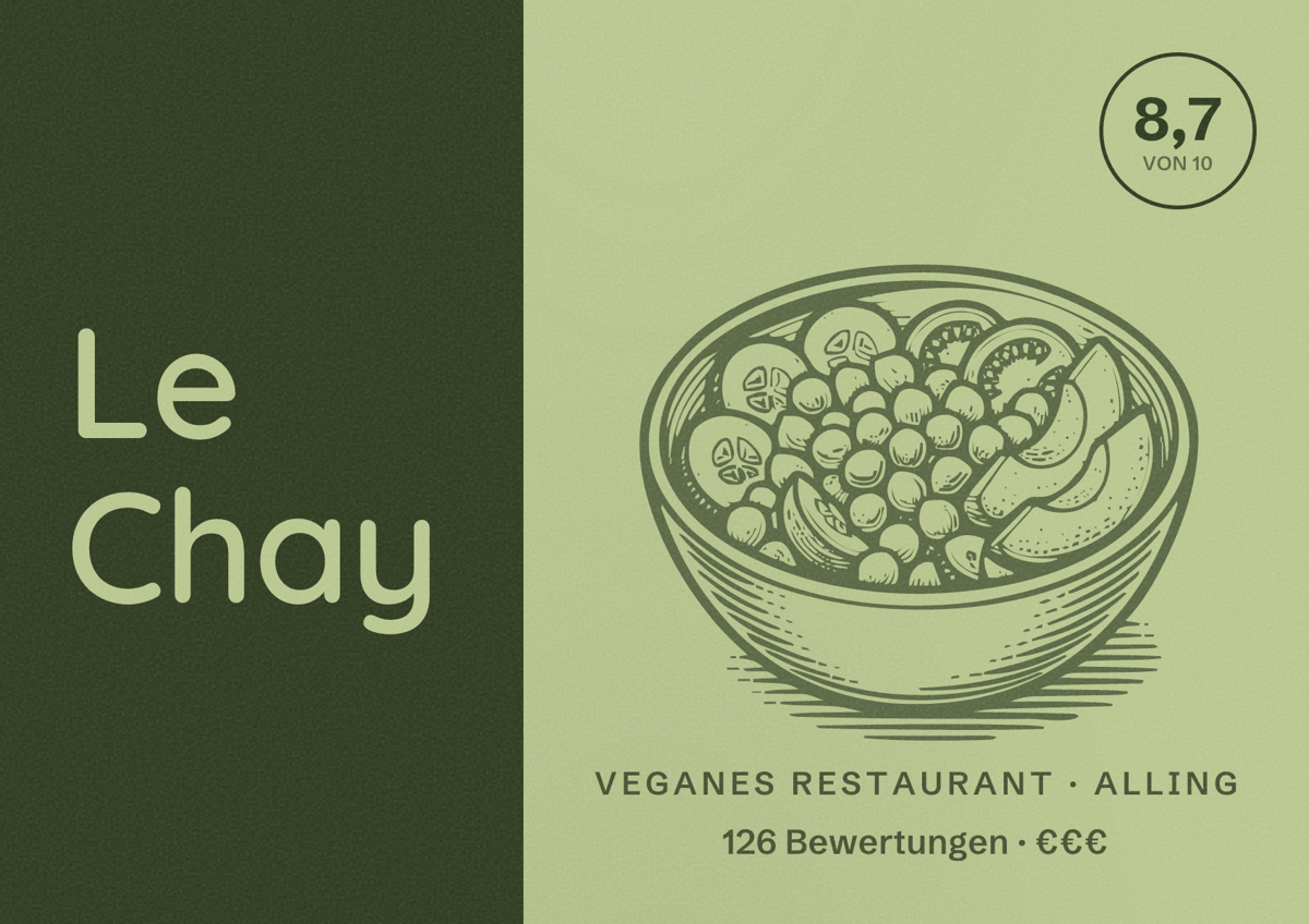 Illustriertes Poster von Le Chay, Veganes Restaurant in Alling: Bewertung 8,7 von 10 aus 126 Bewertungen, Preisniveau €€€