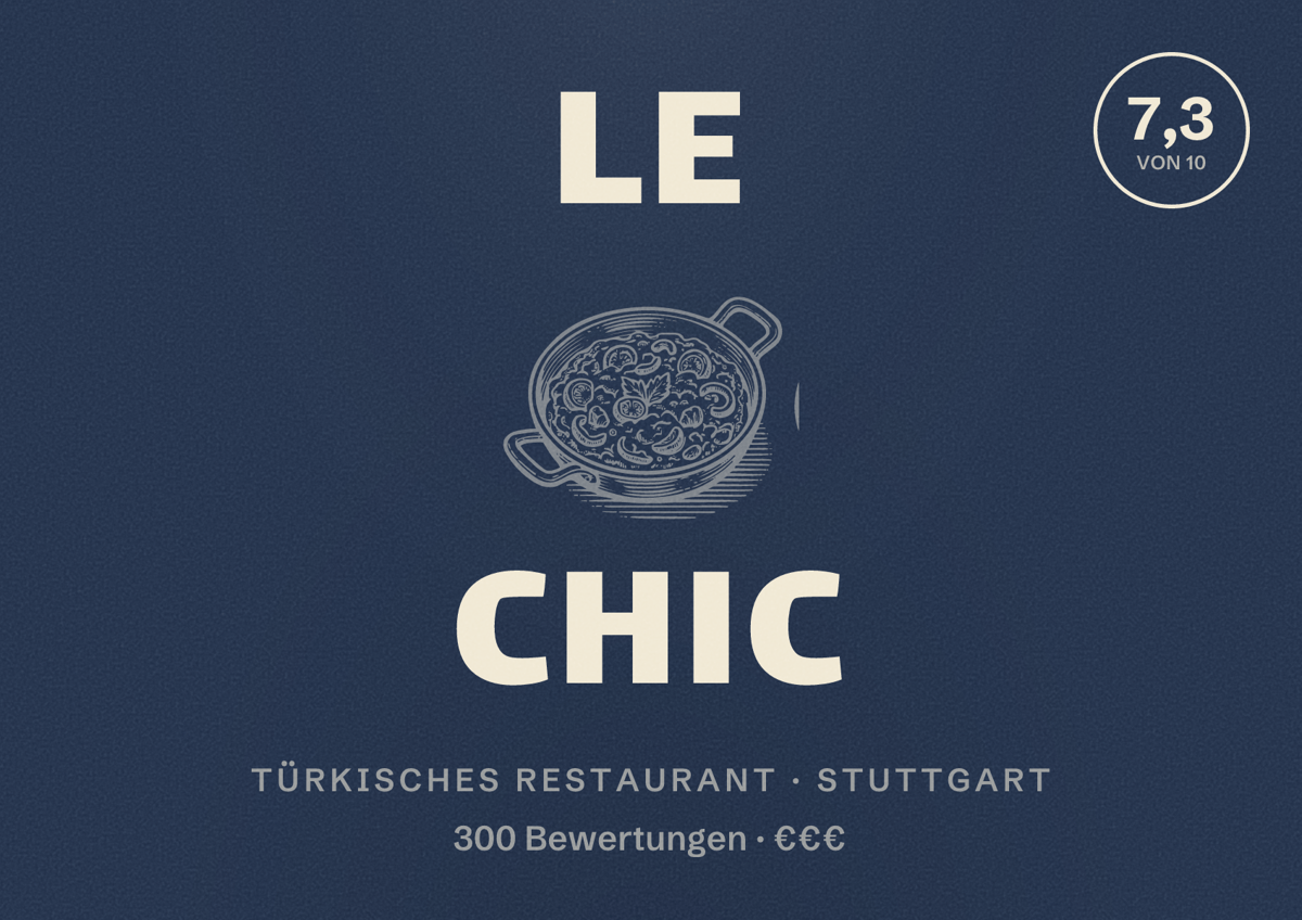 Illustriertes Poster von Le Chic, Türkisches Restaurant in Stuttgart: Bewertung 7,3 von 10 aus 300 Bewertungen, Preisniveau €€€
