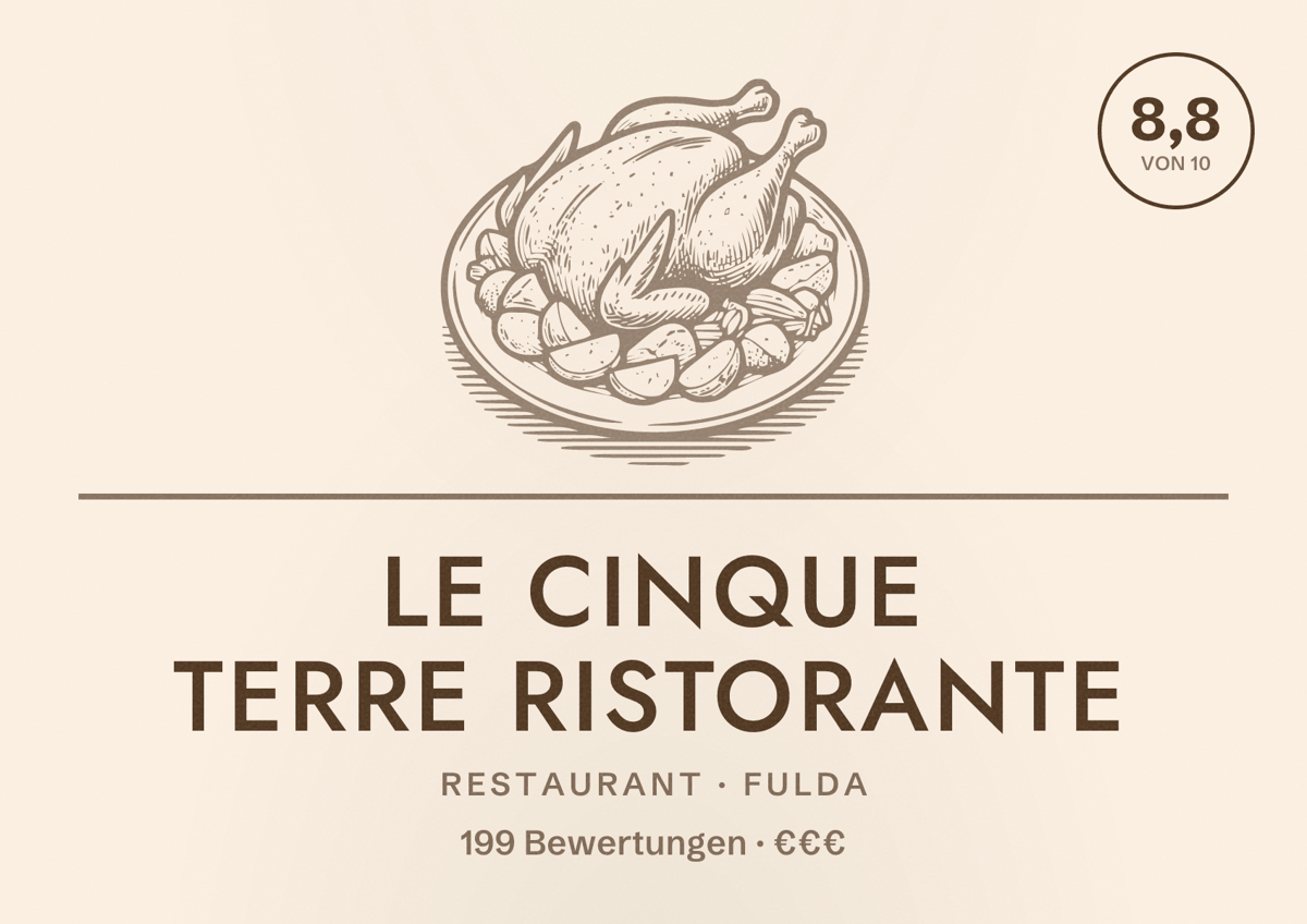 Illustriertes Poster von Le Cinque Terre Ristorante, Restaurant in Fulda: Bewertung 8,8 von 10 aus 199 Bewertungen, Preisniveau €€€