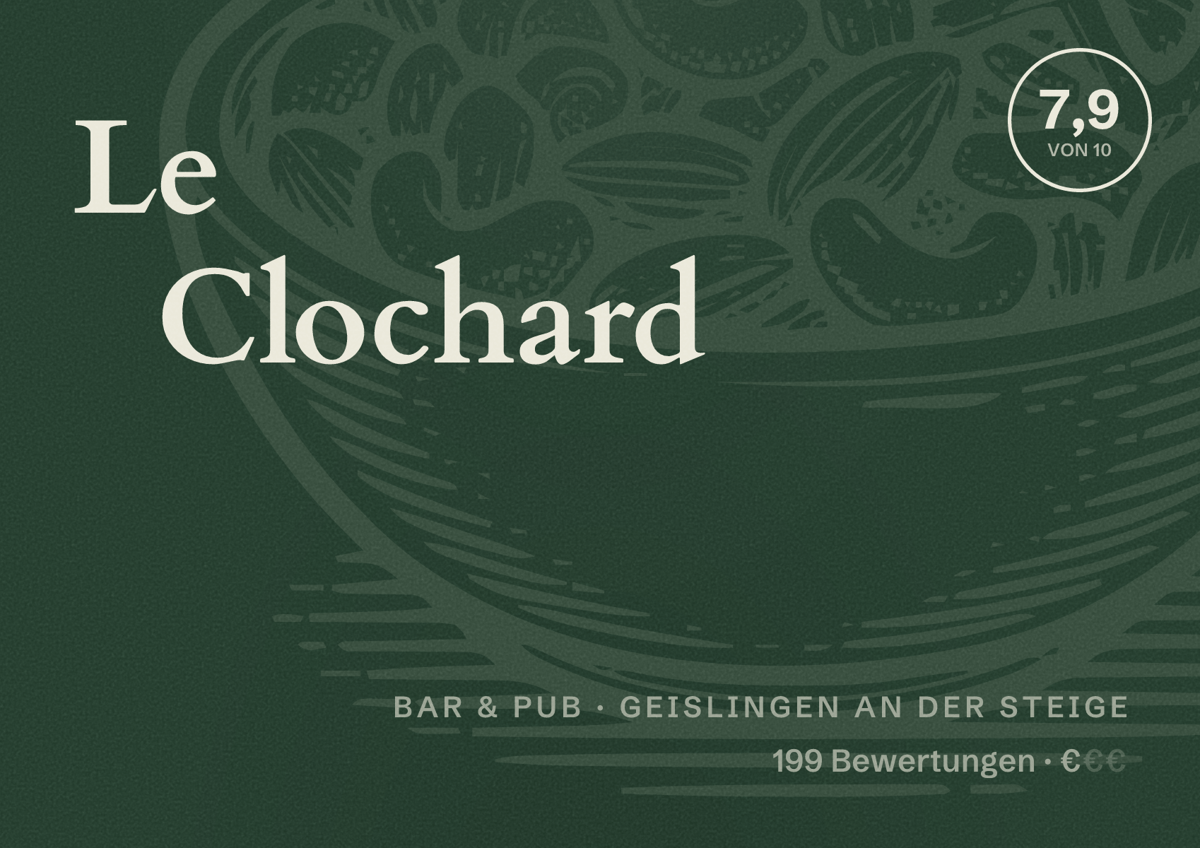 Illustriertes Poster von Le Clochard, Bar & Pub in Geislingen an der Steige: Bewertung 7,9 von 10 aus 199 Bewertungen, Preisniveau €