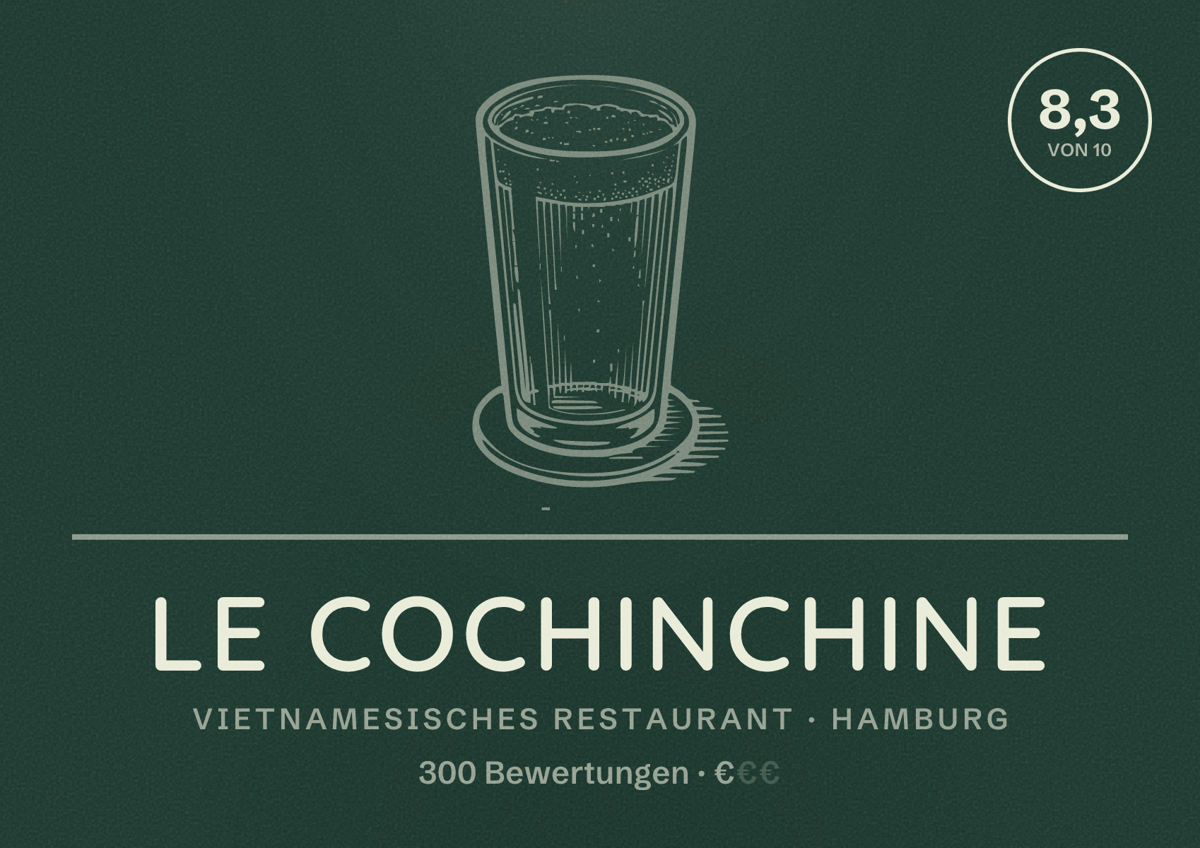 Illustriertes Poster von Le Cochinchine, Vietnamesisches Restaurant in Hamburg: Bewertung 8,3 von 10 aus 300 Bewertungen, Preisniveau €