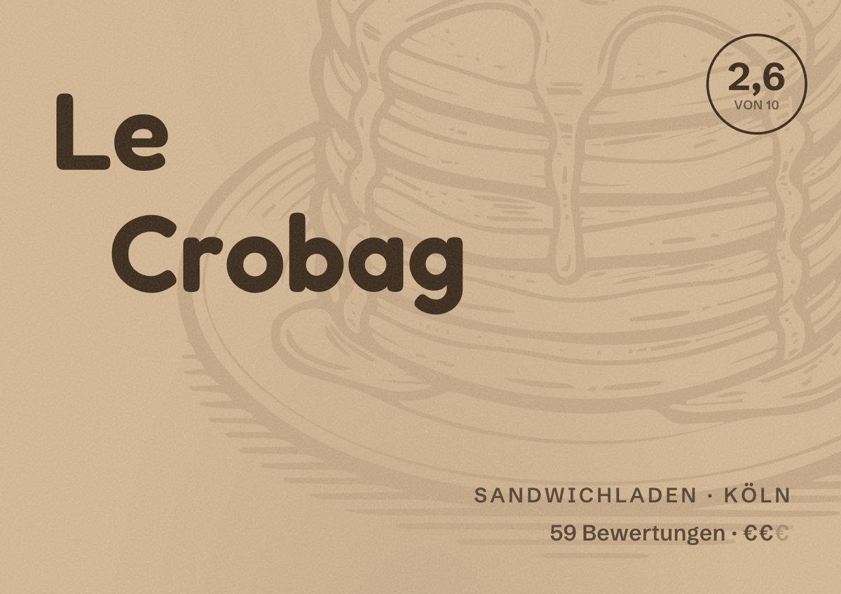 Illustriertes Poster von Le Crobag, Sandwichladen in Köln: Bewertung 2,6 von 10 aus 59 Bewertungen, Preisniveau €€