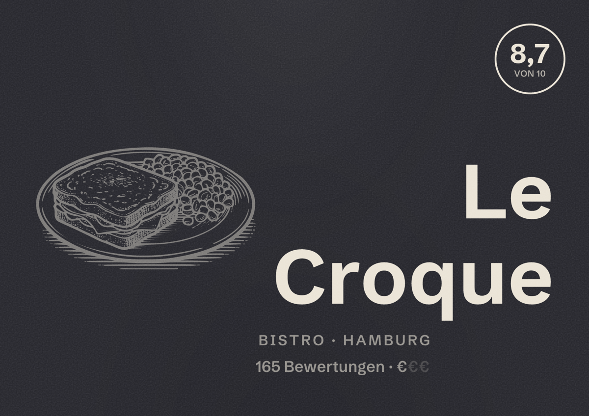 Illustriertes Poster von Le Croque, Bistro in Hamburg: Bewertung 8,7 von 10 aus 165 Bewertungen, Preisniveau €