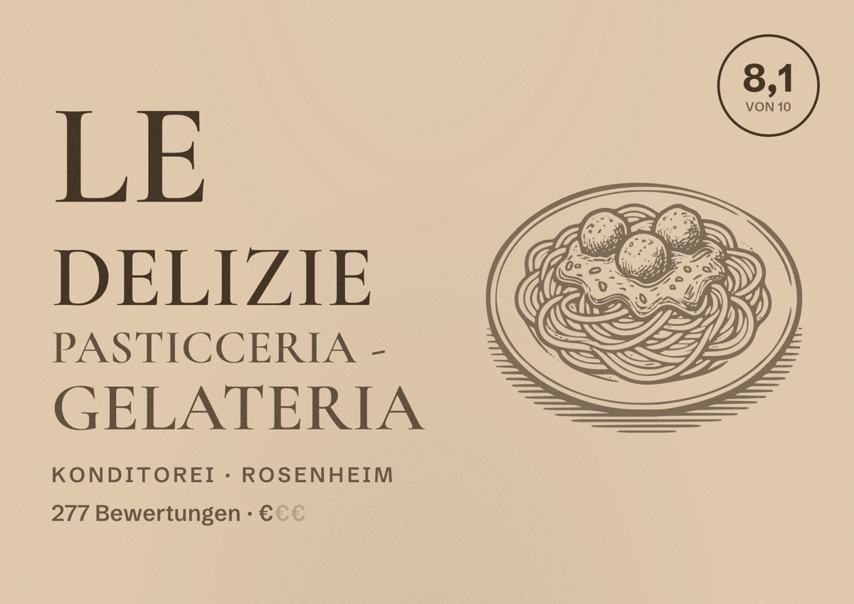 Illustriertes Poster von Le Delizie Pasticceria - Gelateria, Konditorei in Rosenheim: Bewertung 8,1 von 10 aus 277 Bewertungen, Preisniveau €