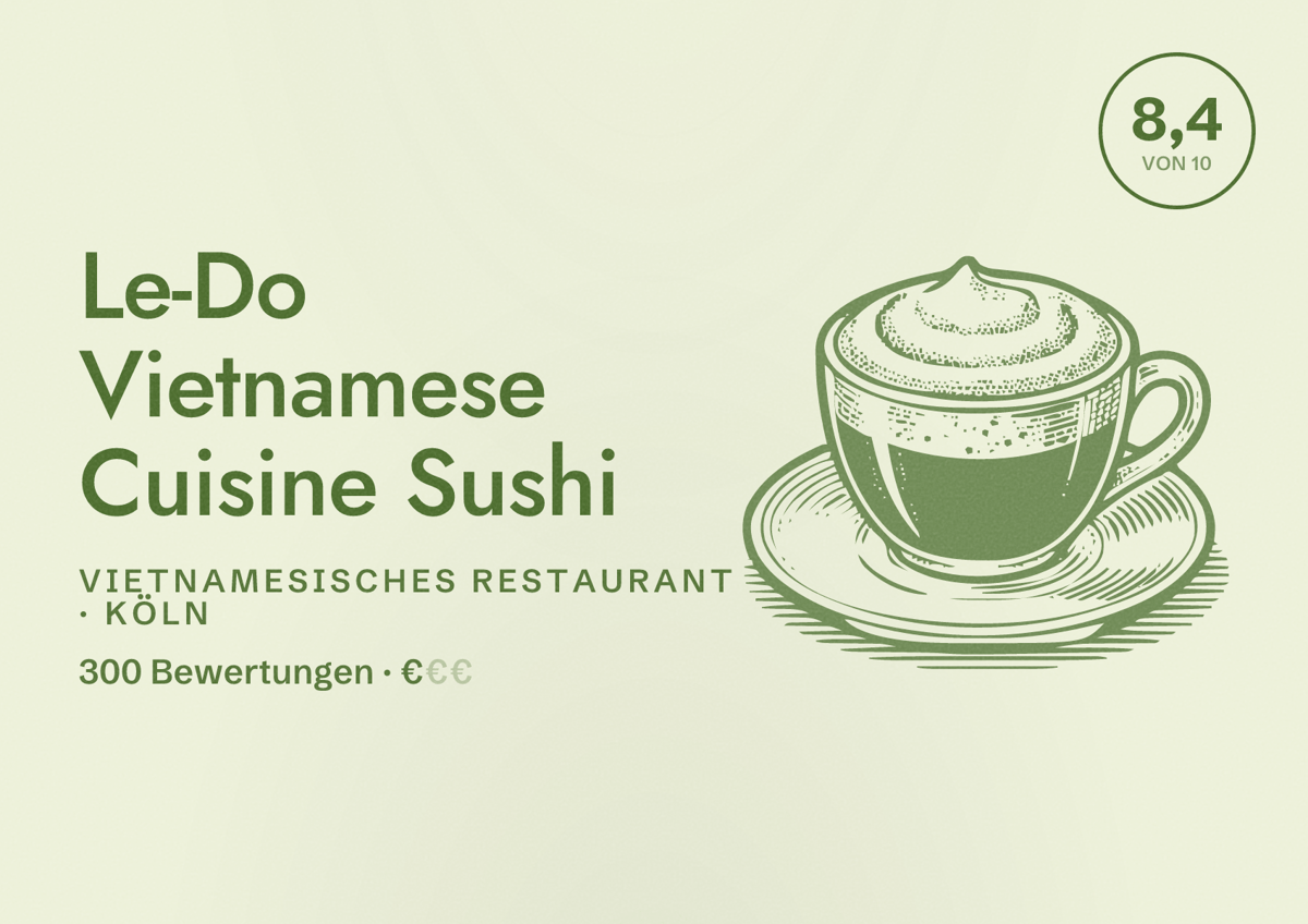 Illustriertes Poster von Le-Do Vietnamese Cuisine Sushi, Vietnamesisches Restaurant in Köln: Bewertung 8,4 von 10 aus 300 Bewertungen, Preisniveau €