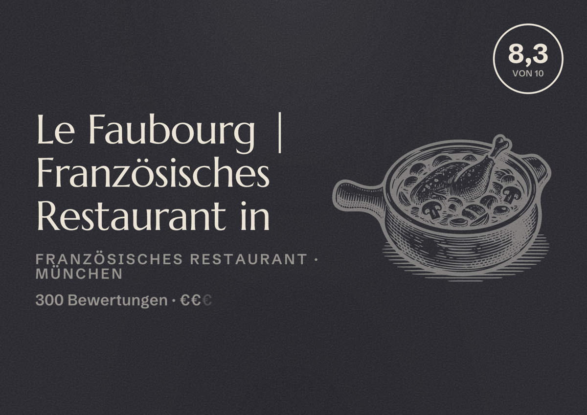 Illustriertes Poster von Le Faubourg | Französisches Restaurant in, Französisches Restaurant in München: Bewertung 8,3 von 10 aus 300 Bewertungen, Preisniveau €€